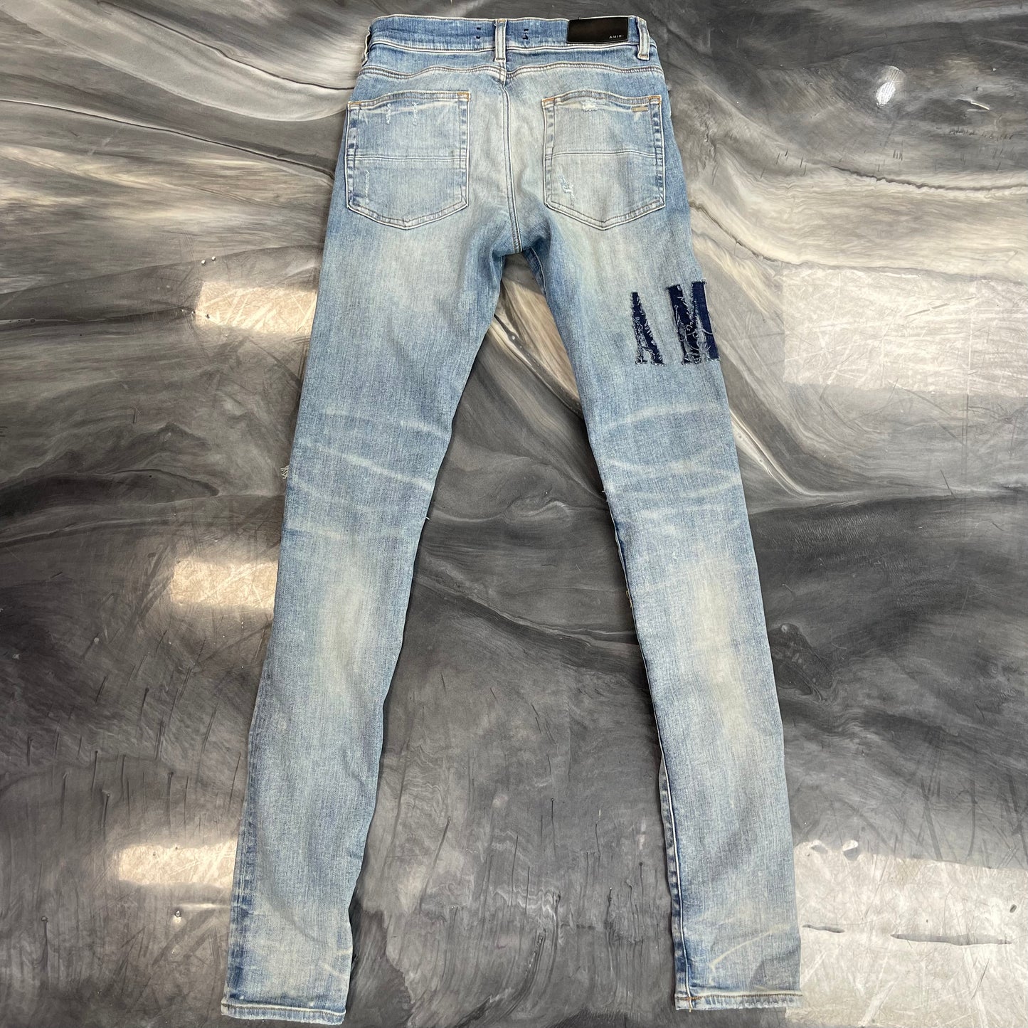 Amiri Clay Indigo Blue Denim Core Applique Logo Jeans