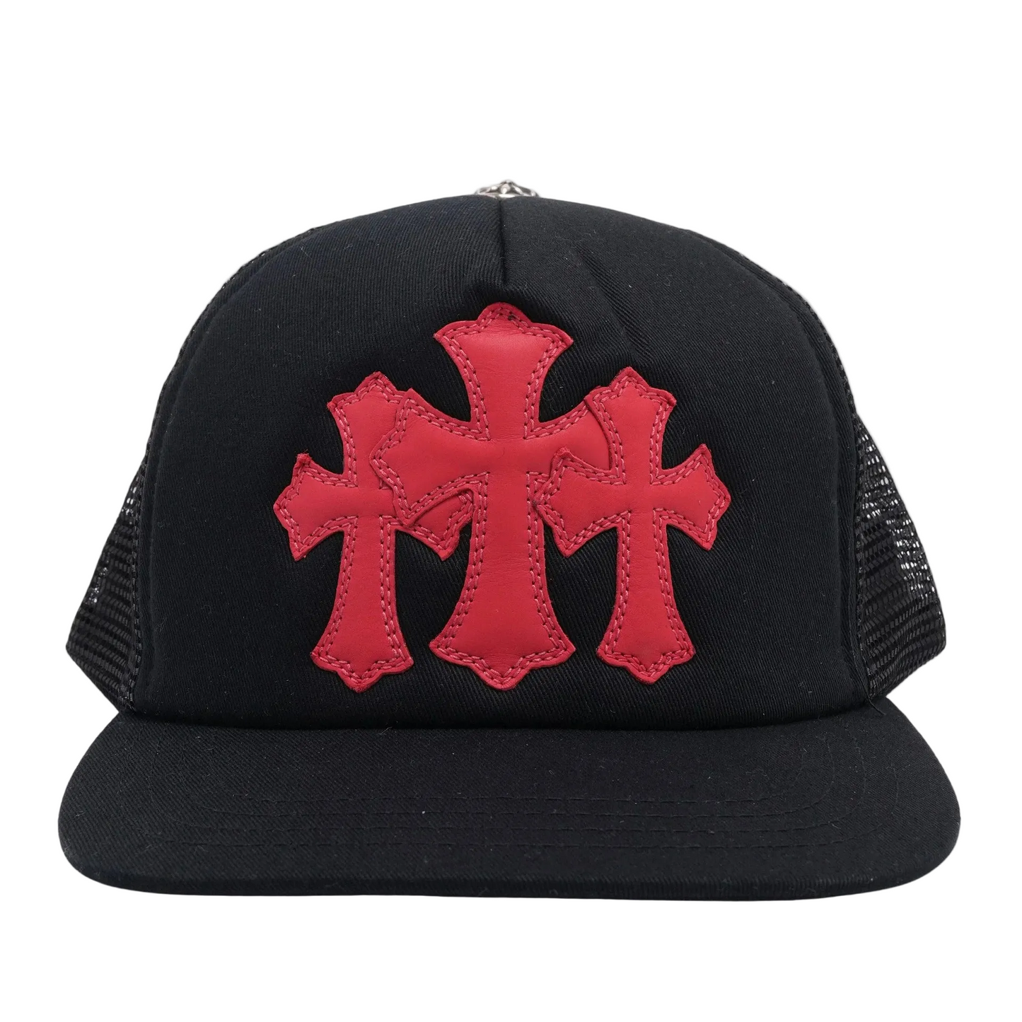 Chrome Hearts Triple Cross Cemetery Trucker Hat in Black/Red