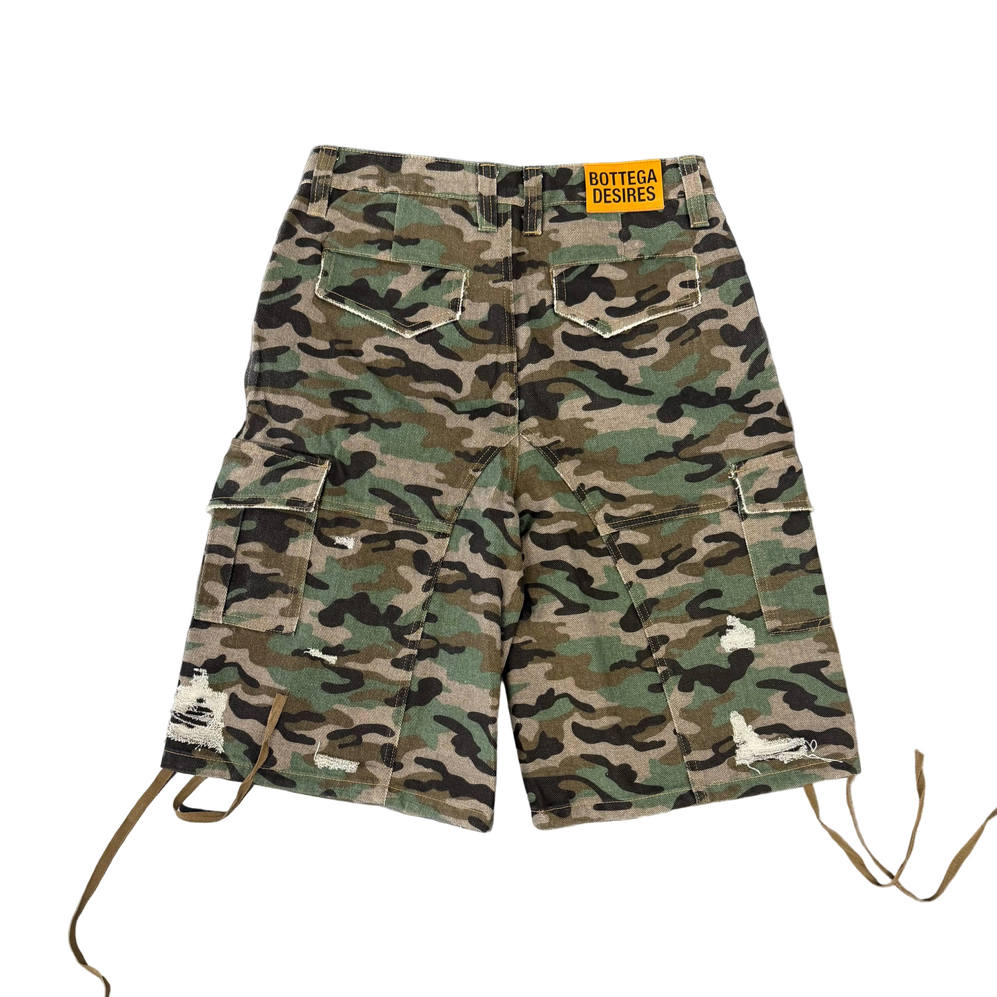 Bottega Desires Distressed Camo Cargo Shorts