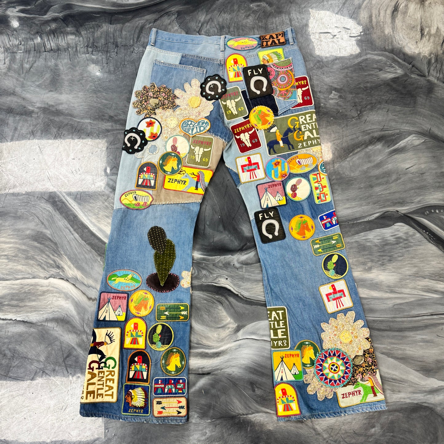 Kapital Peace Patch Appliquéd Flared Rat Jeans