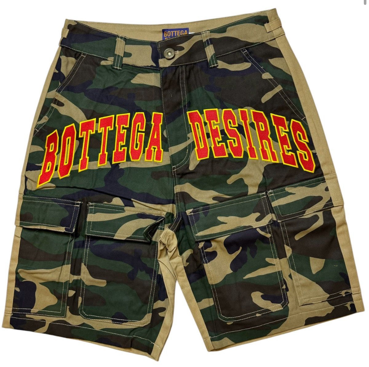 Bottega Desires Camo Cargo Shorts