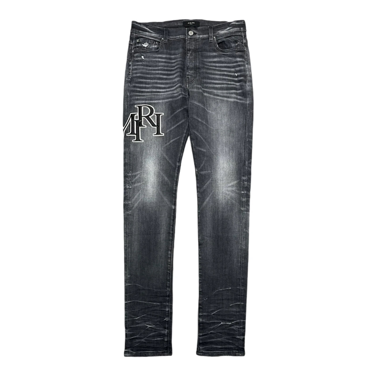 Amiri grey storm spell out denim