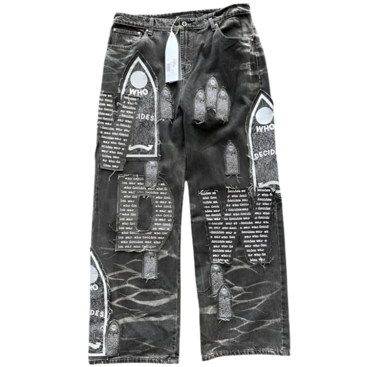 Who Decides War Grey & White Motif Patched Jeans