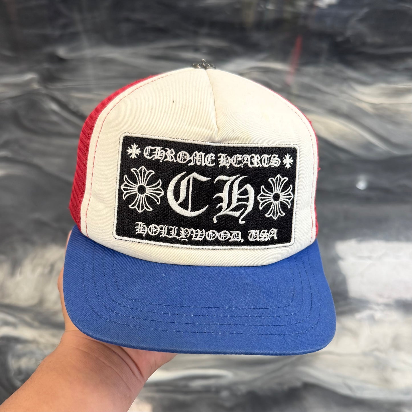 Chrome Hearts Hollywood CH White/Blue/Red Trucker Hat