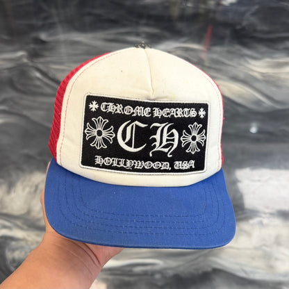 Chrome Hearts Hollywood CH White/Blue/Red Trucker Hat