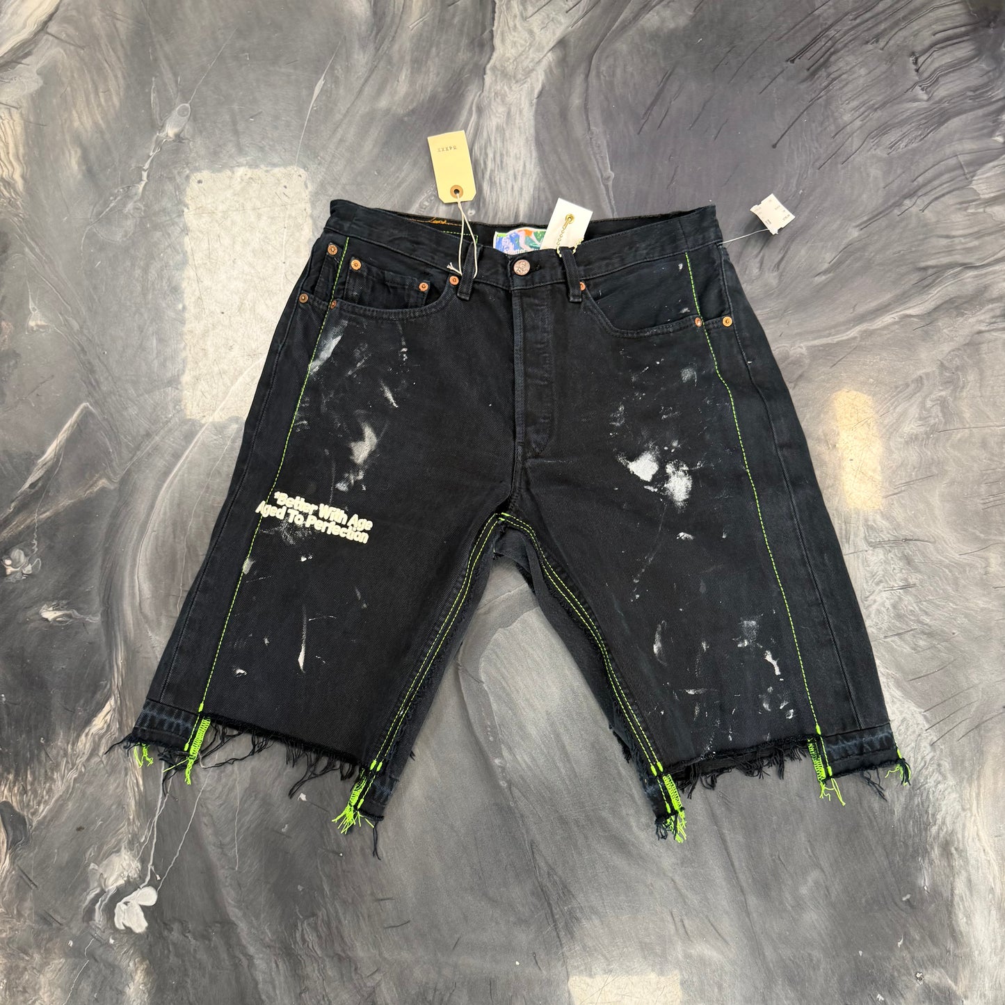 Better With Age Monroe Triple-Wide Paint Splatter Denim Shorts