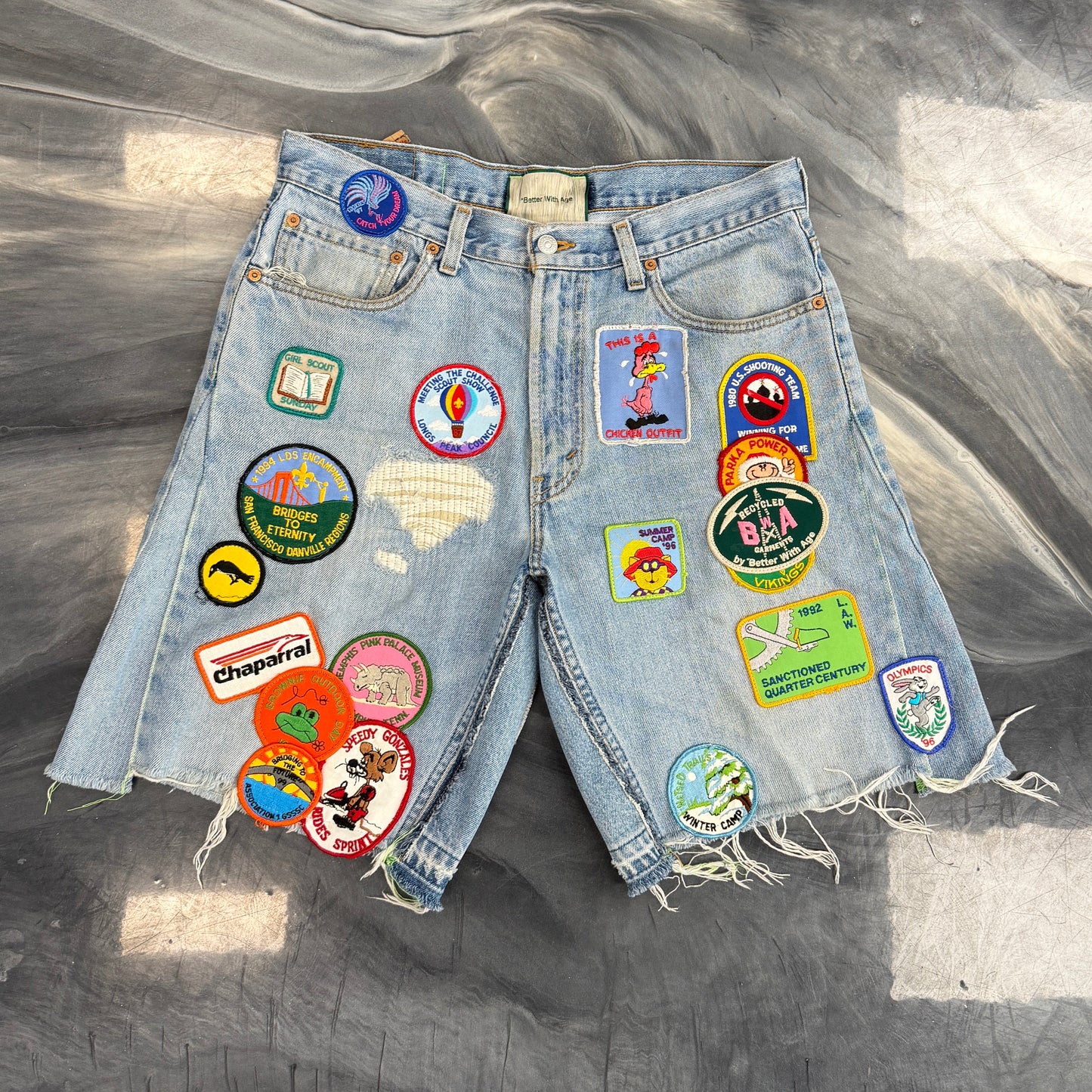 Better With Age Reworked Vintage Patched Jean Shorts