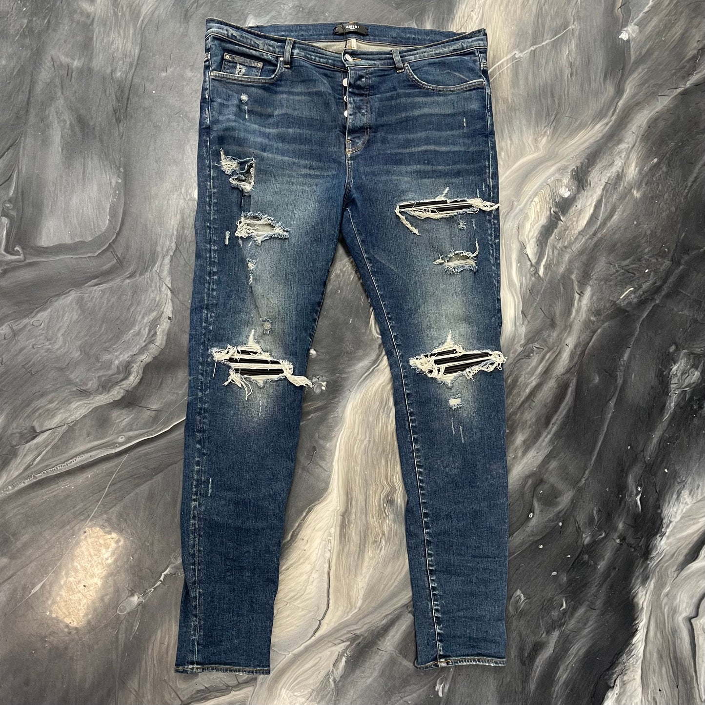 AMIRI MX1 Leather-Panelled Distressed Jeans