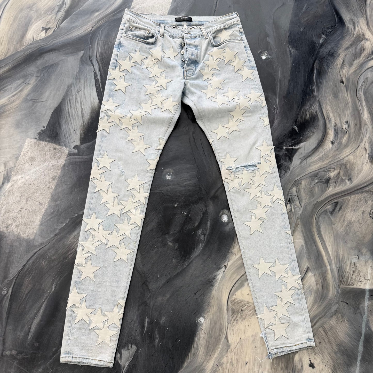 AMIRI Chemist Leather Star Appliquéd Stretch Denim