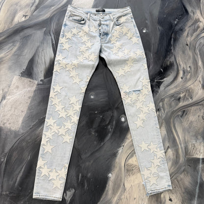 AMIRI Chemist Leather Star Appliquéd Stretch Denim