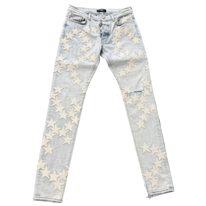 AMIRI Chemist Leather Star Appliquéd Stretch Denim