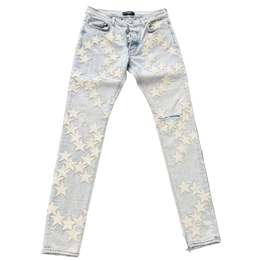 AMIRI Chemist Leather Star Appliquéd Stretch Denim