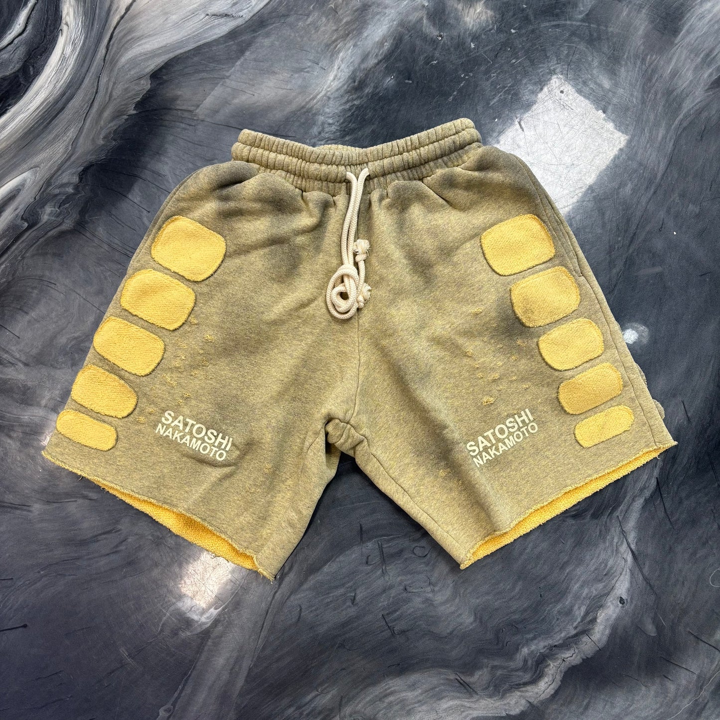 Satoshi Nakamoto Distressed Patchwork  Moto Shorts