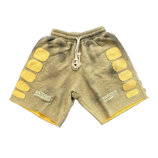 Satoshi Nakamoto Distressed Patchwork  Moto Shorts