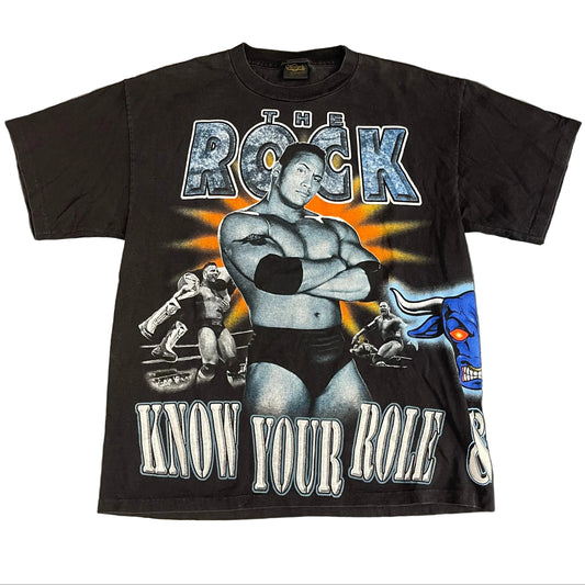 1999 WWF The Rock "Know Your Role And Shut Your Mouth" Vintage All-Over Print Tee