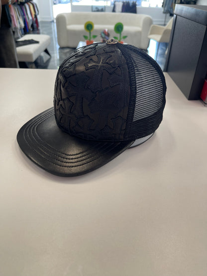 Chrome Hearts Cemetery Cross Leather Stitched Trucker Hat Black