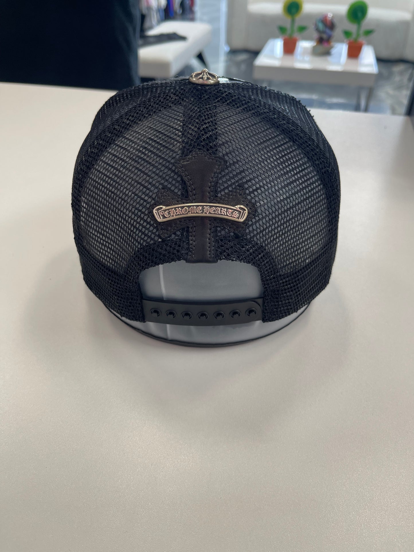 Chrome Hearts Cemetery Cross Leather Stitched Trucker Hat Black