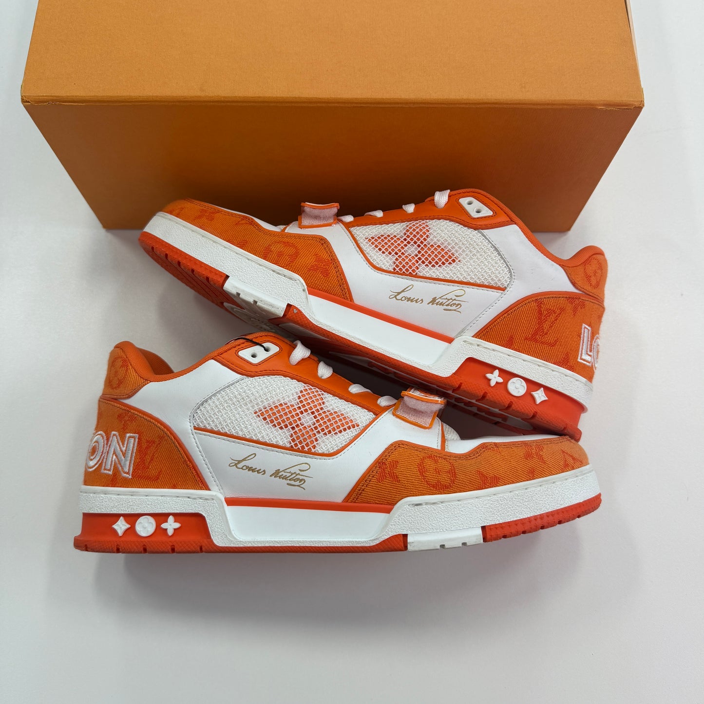 Louis Vuitton Trainer Low 'Velcro Strap - Orange Monogram Denim' (Used)