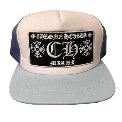 Chrome Hearts Miami Exclusive Embroidered CH Patch Trucker Hat Blue White Black