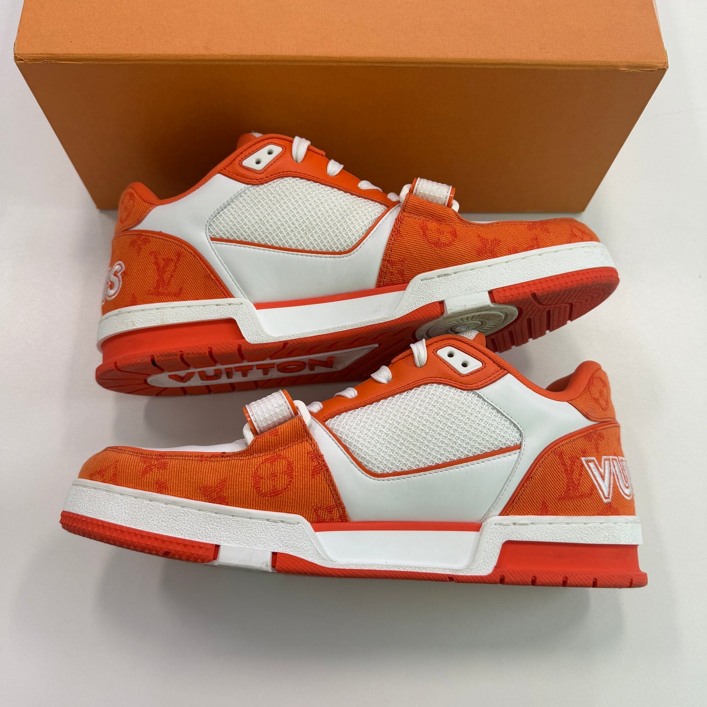 Louis Vuitton Trainer Low 'Velcro Strap - Orange Monogram Denim' (Used)