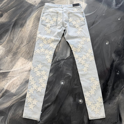 AMIRI Chemist Leather Star Appliquéd Stretch Denim