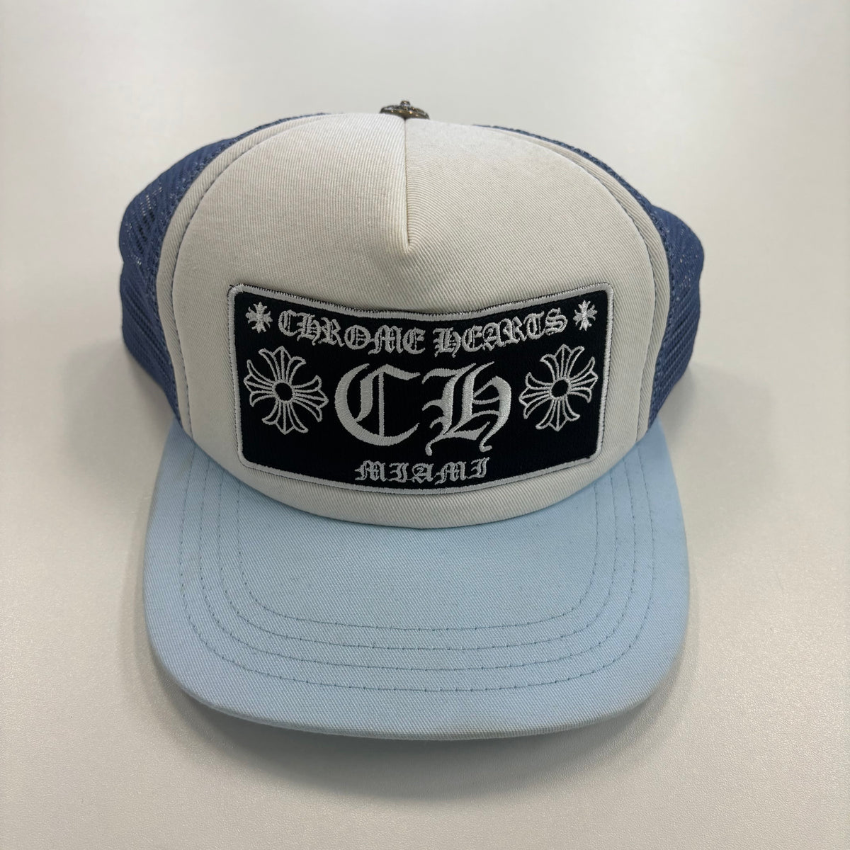 Chrome Hearts Miami Exclusive Embroidered CH Patch Trucker Hat Blue White Black