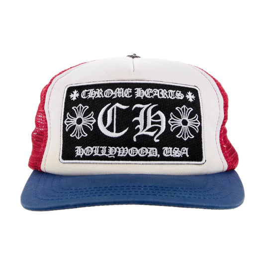 Chrome Hearts Hollywood CH White/Blue/Red Trucker Hat