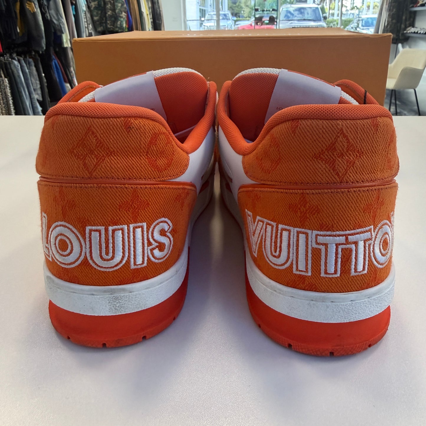 Louis Vuitton Trainer Low 'Velcro Strap - Orange Monogram Denim' (Used)