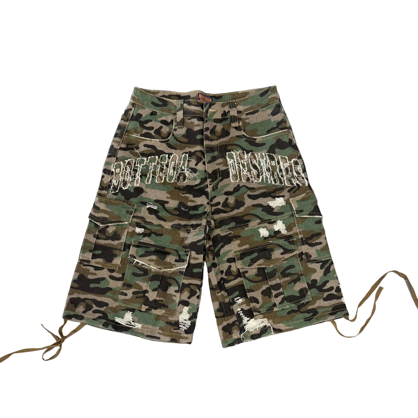 Bottega Desires Distressed Camo Cargo Shorts