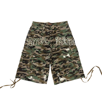 Bottega Desires Distressed Camo Cargo Shorts