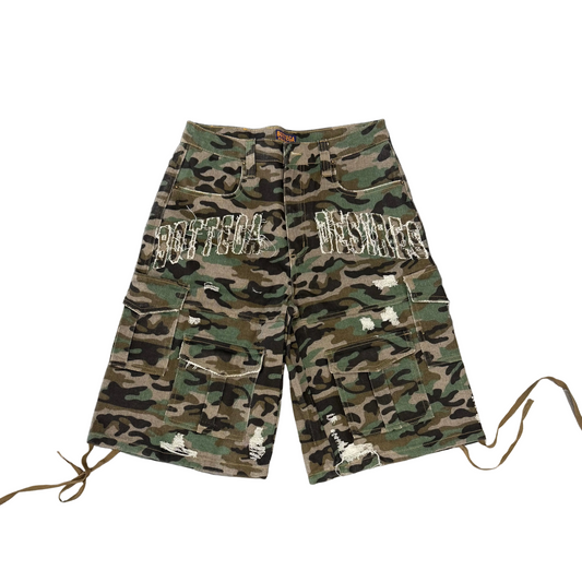 Bottega Desires Distressed Camo Cargo Shorts