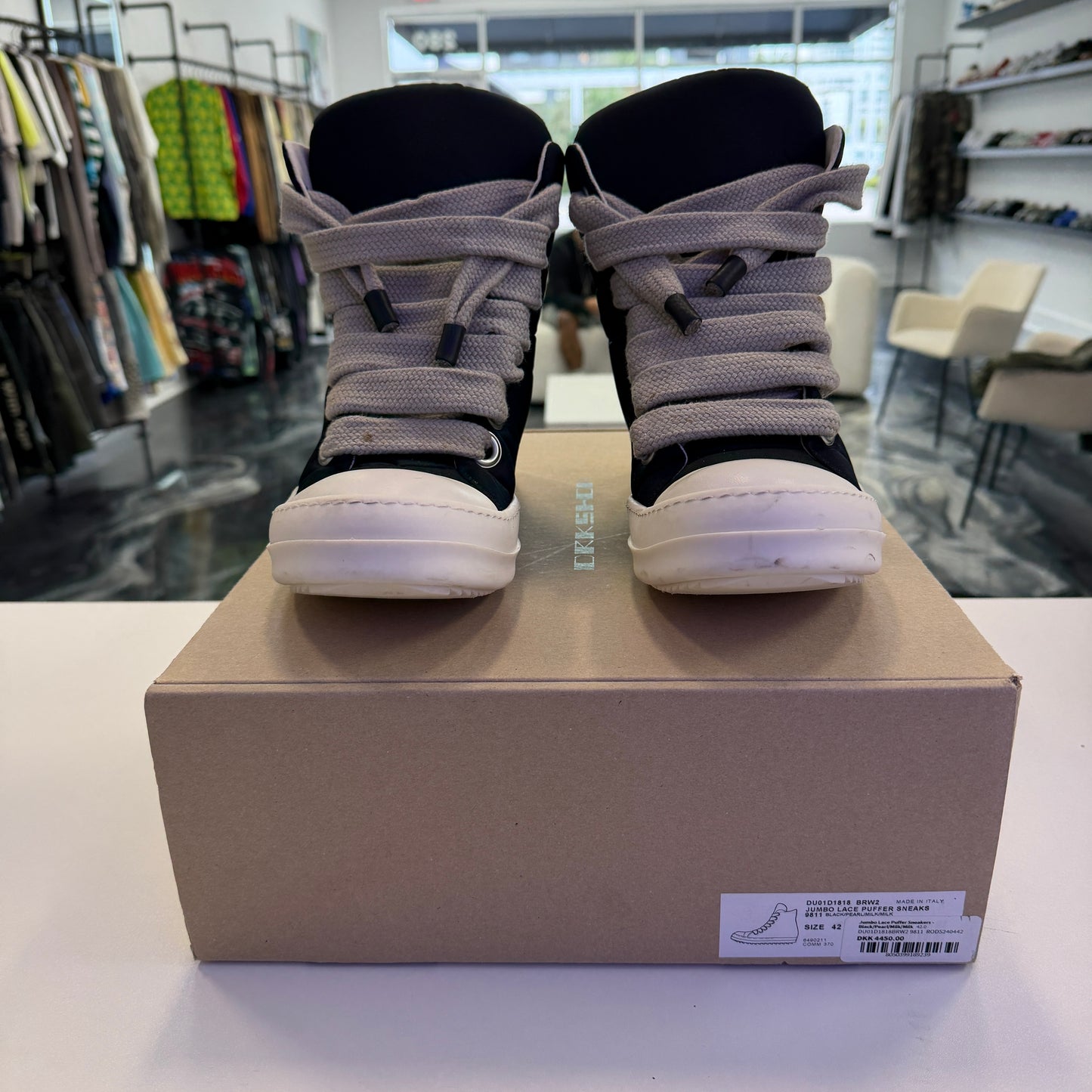 Rick Owens DRKSHDW Hollywood Jumbo Lace Puffer High Top Ramones Black Milk (Used)