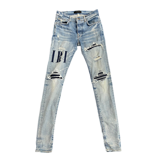 Amiri Clay Indigo Blue Denim Core Applique Logo Jeans