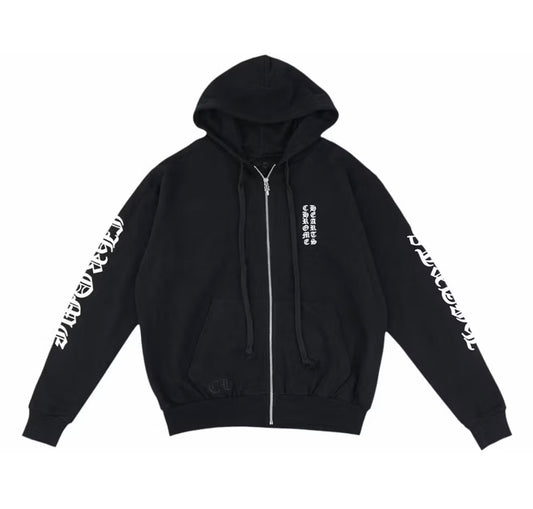 Chrome Hearts Vertical Logo Zip Up Hoodie Black/White