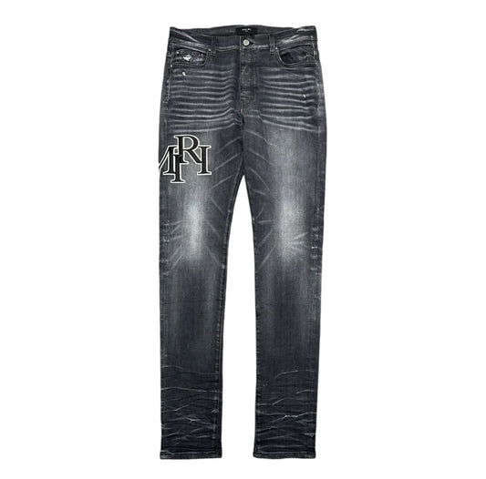 Amiri grey storm spell out denim