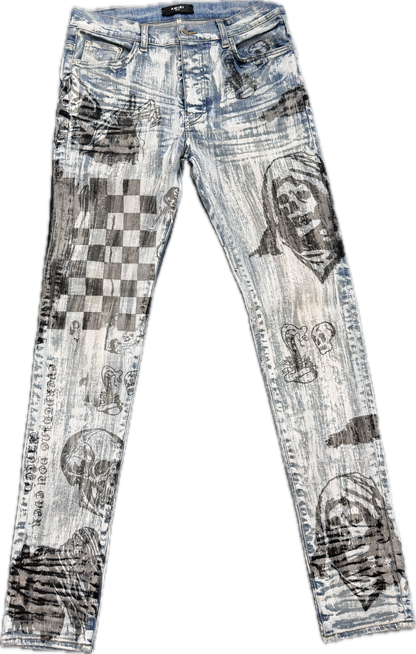 AMIRI Wes Lang All Over Print Light Wash Denim Jeans